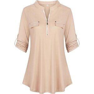 Womens Beige Floral 3/4 Sleeve Shirts Zip Up V Neck Work Chiffon Blouses Top